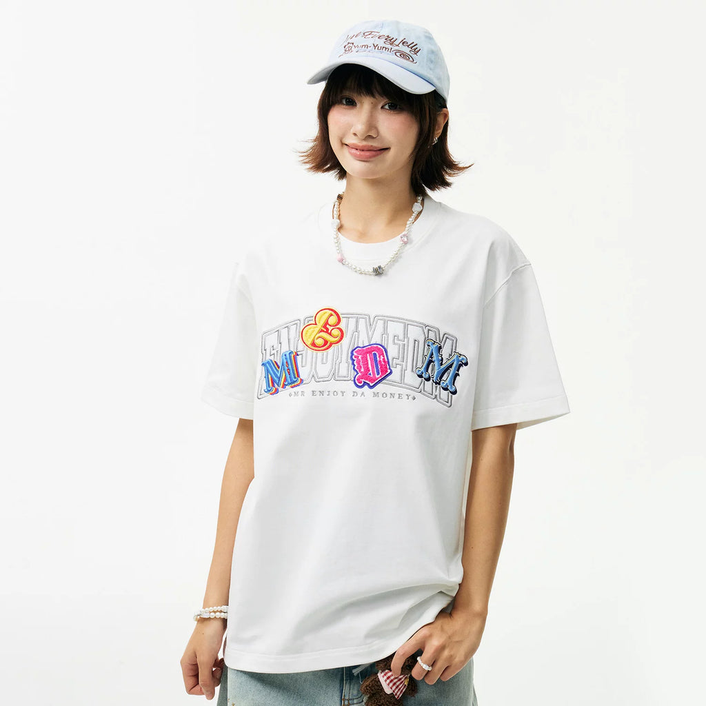 MEDM double-layer contrasting embroidered letters casual round neck T-shirt American retro unisex loose short sleeved summer