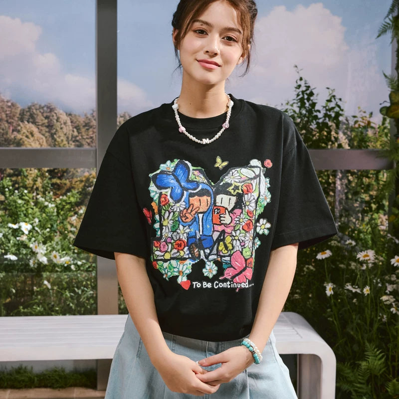 MEDMxNewmusus Joint Bouquet Love Short Sleeve T-shirt for Men and Women Couples Summer Loose Half Sleeve T-shirt