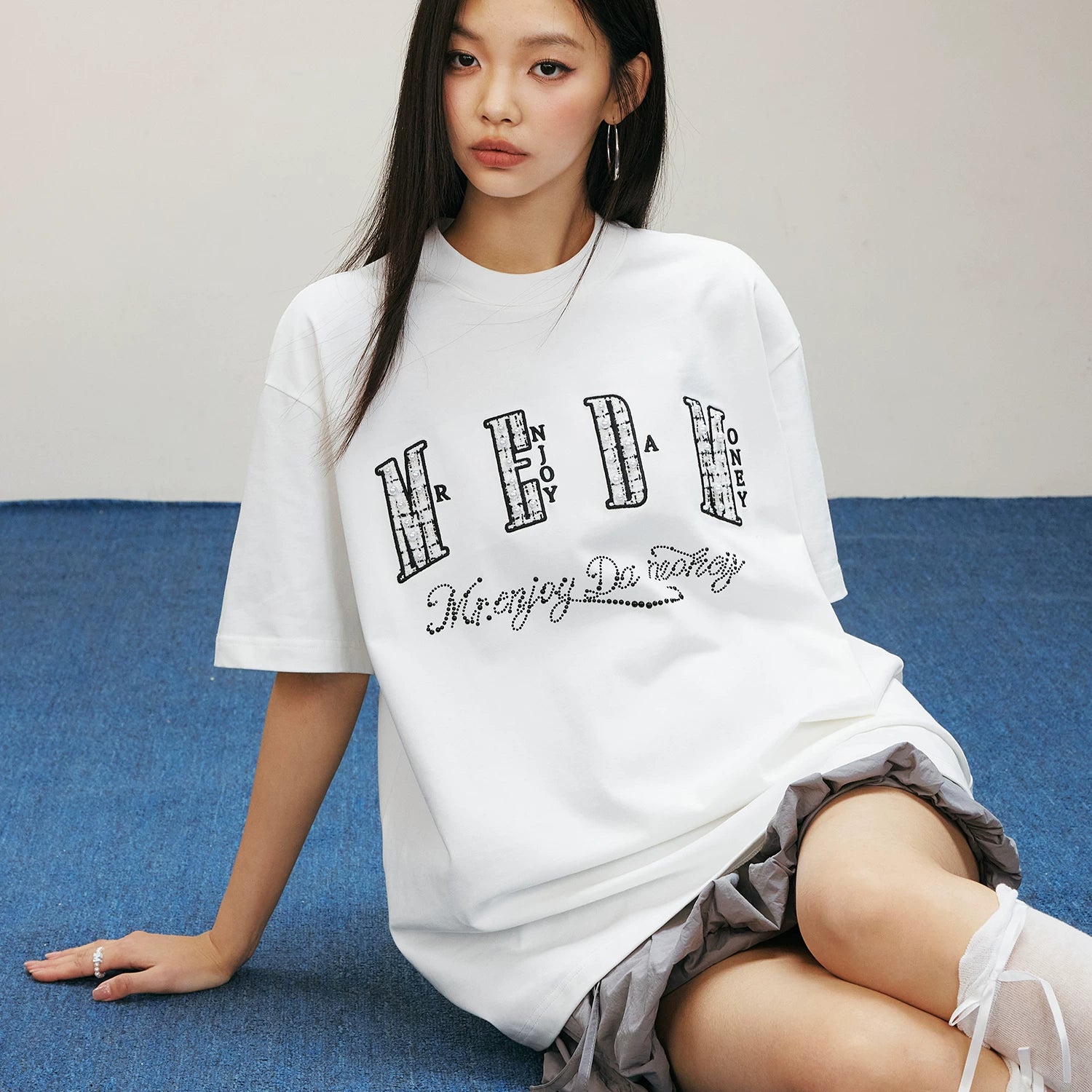 Luzhuo Same Style MEDM Small Fragrance Patch Cloth Pearl Letter Short Sleeve T-shirt Men's and Women's American Loose Couple Top T