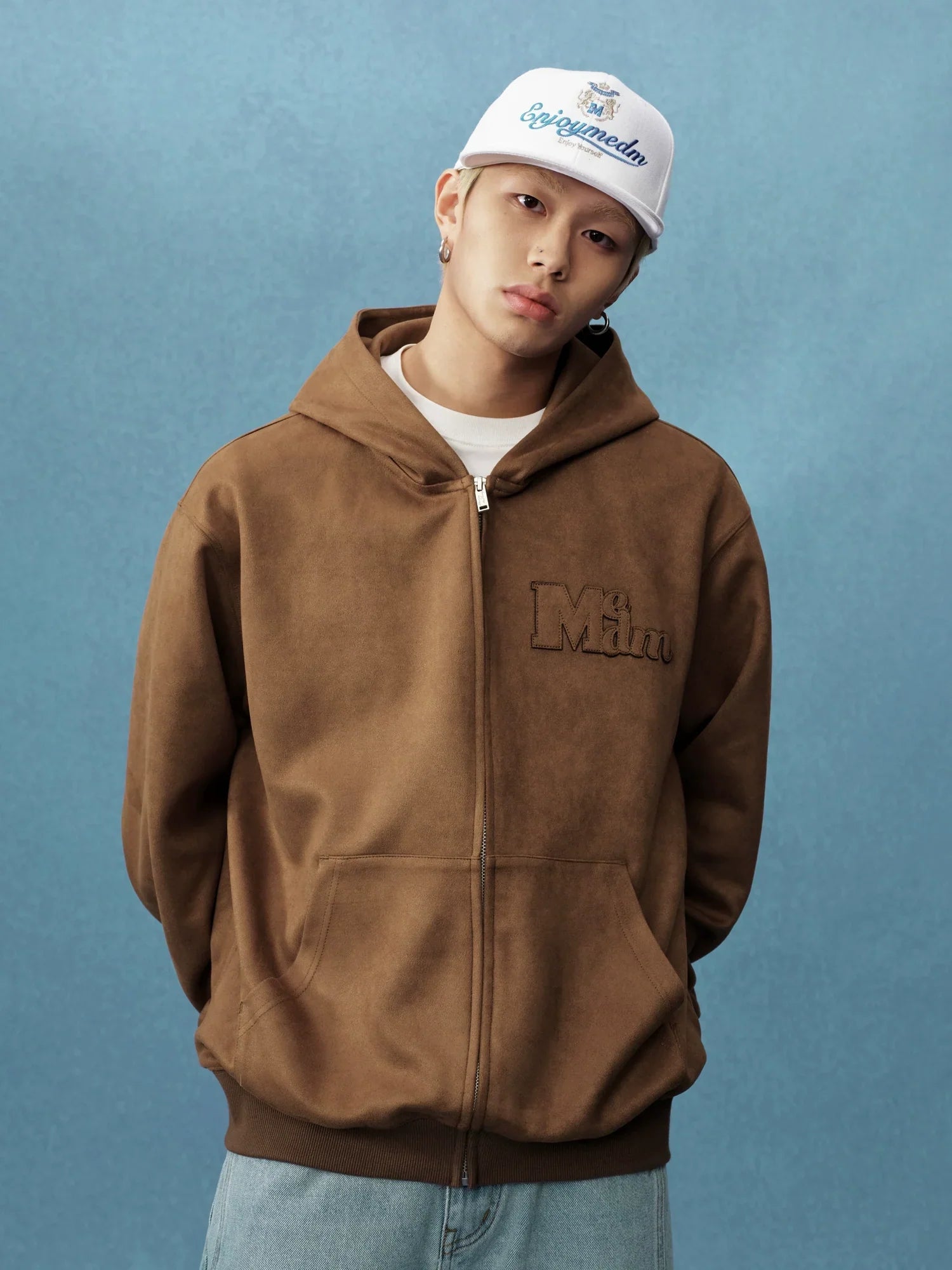 MEDM Suede Logo Patch Zip-Up Hoodie