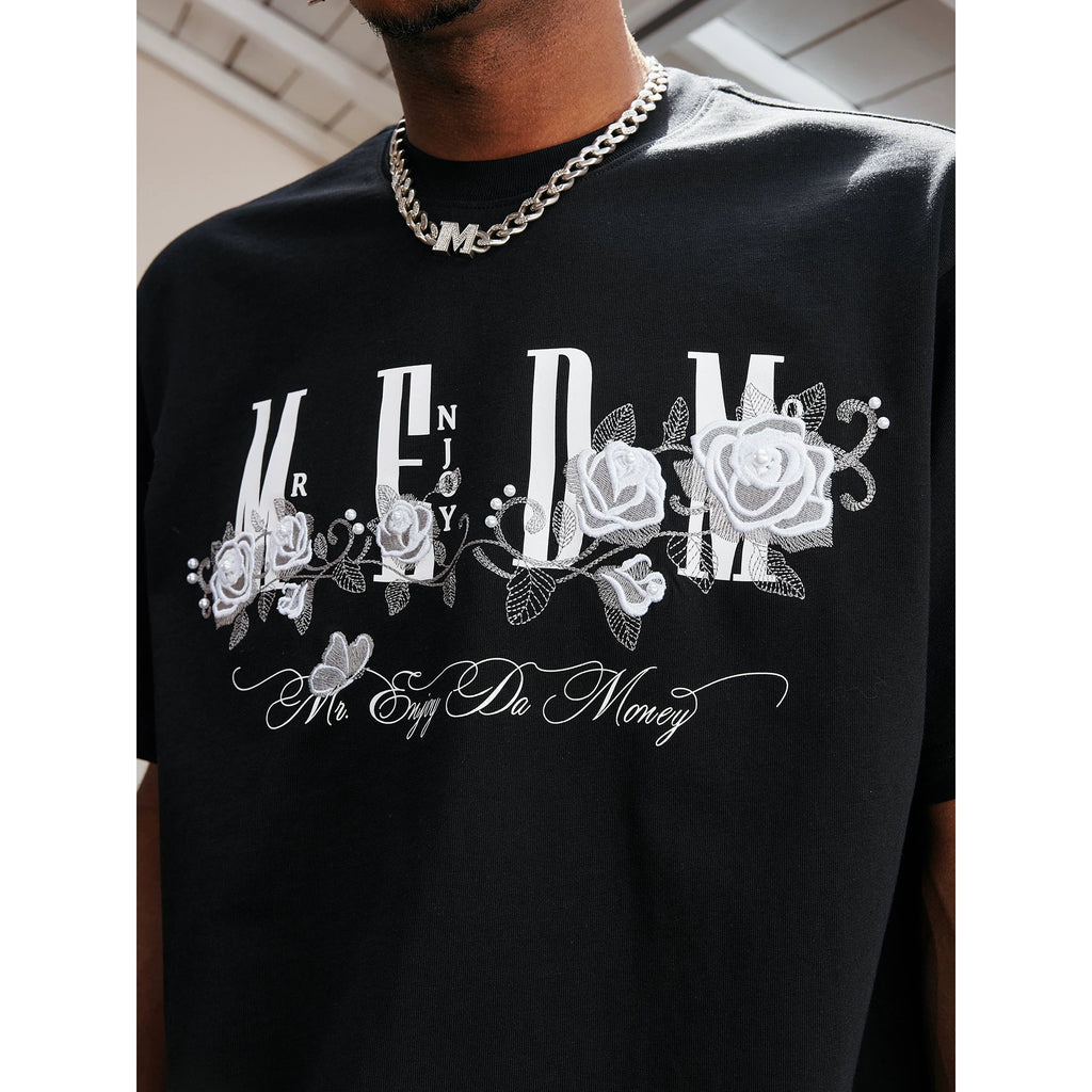 MEDM26SS Ice Rose Embroidered Nail Bead Printed LOGO Short sleeved Men's T-shirt American Retro Summer Top Trendy
