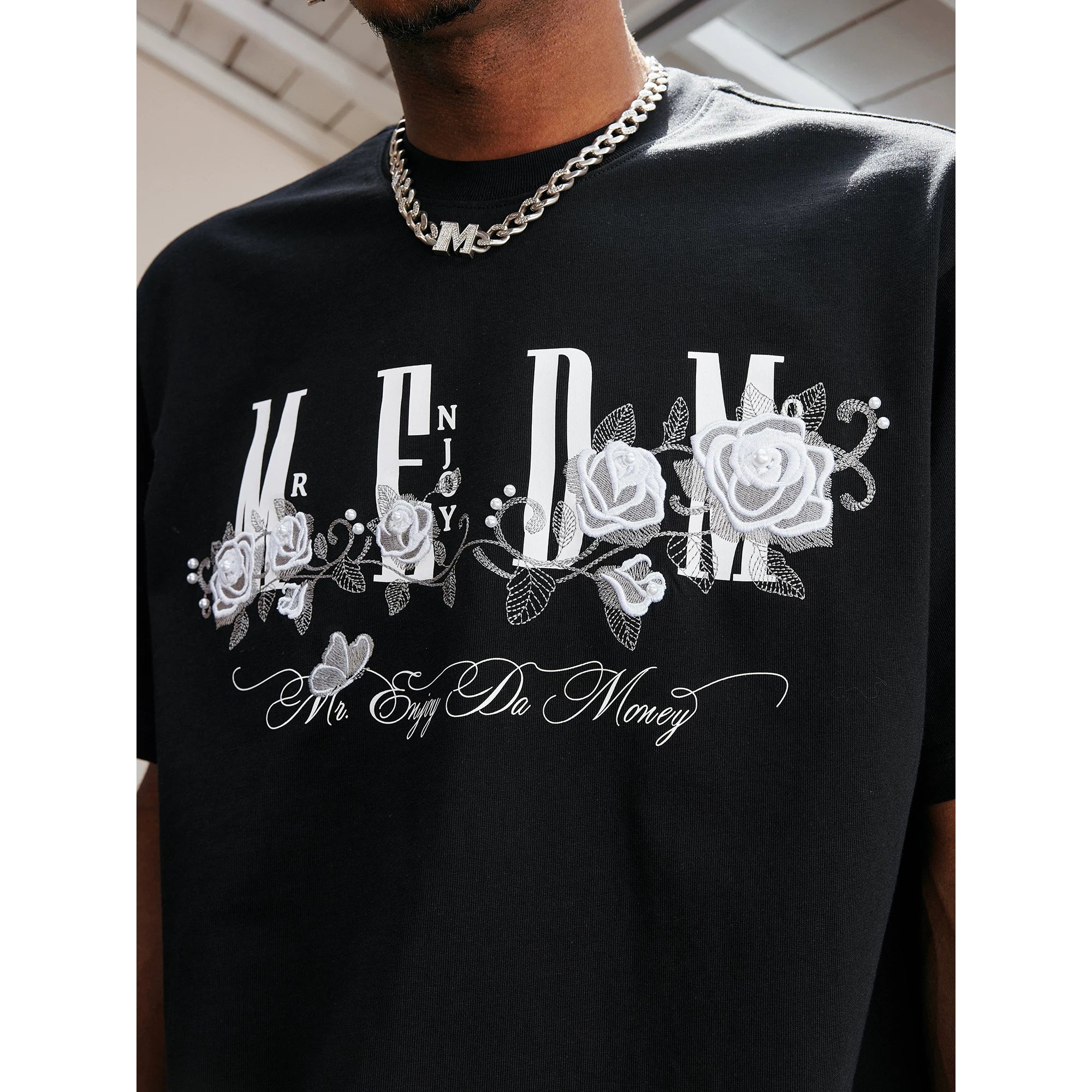 MEDM26SS Ice Rose Embroidered Nail Bead Printed LOGO Short sleeved Men's T-shirt American Retro Summer Top Trendy
