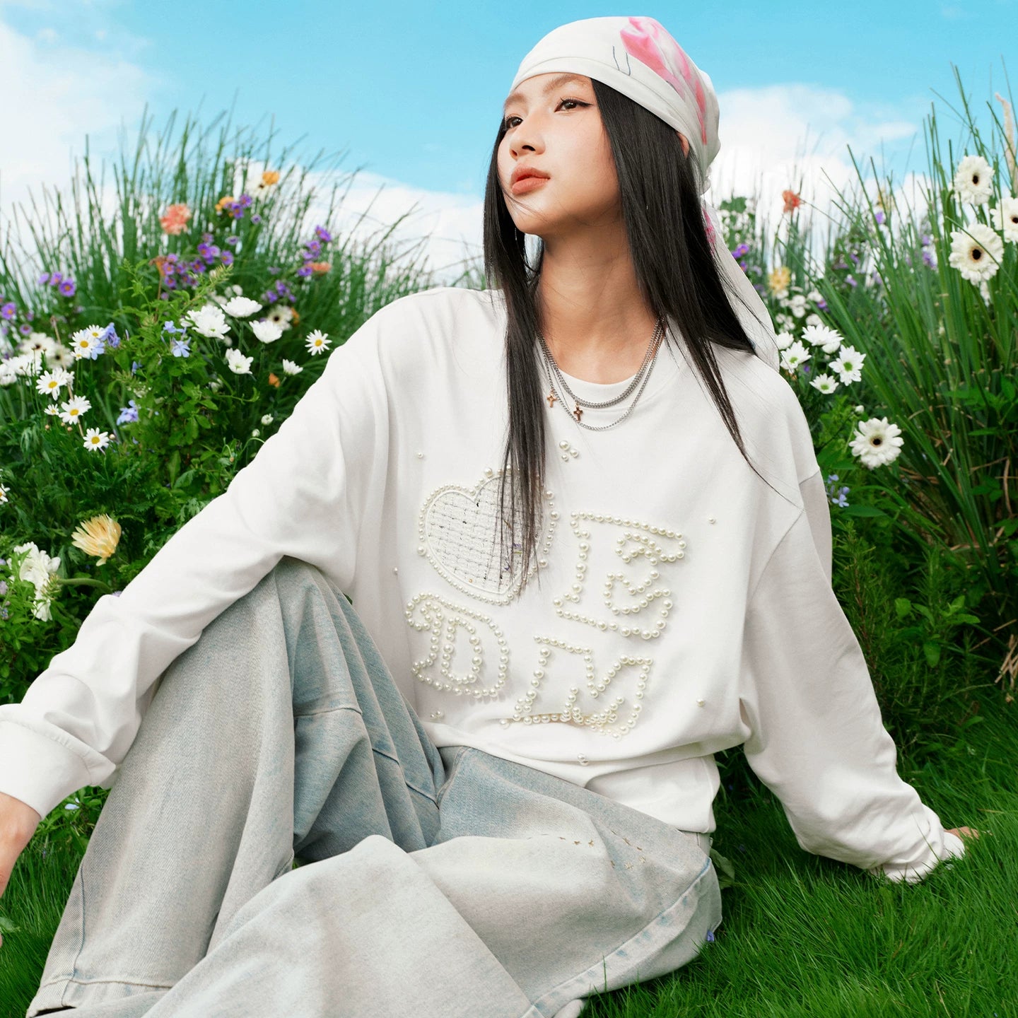 MEDM Love Sticker Small Fragrant Fabric Nail Bead Long Sleeve T-shirt Street Trendy Brand Couple Casual Bottom Shirt Top Autumn