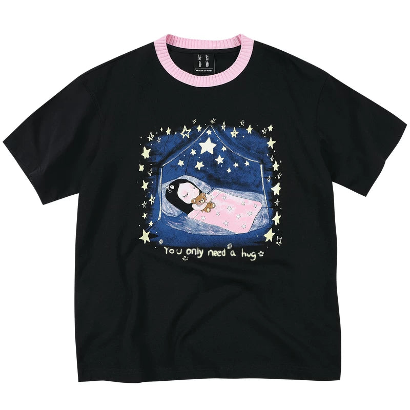MEDM x Iria mailbox collaboration goodnight starry sky glitter print casual round neck short sleeved cute style T-shirt summer