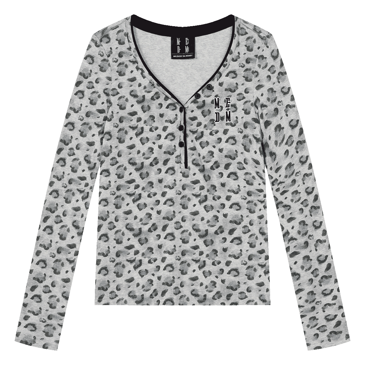 MEDM leopard print V-neck Henley casual long sleeved T-shirt for women, trendy letter printed sweet and cool top for autumn