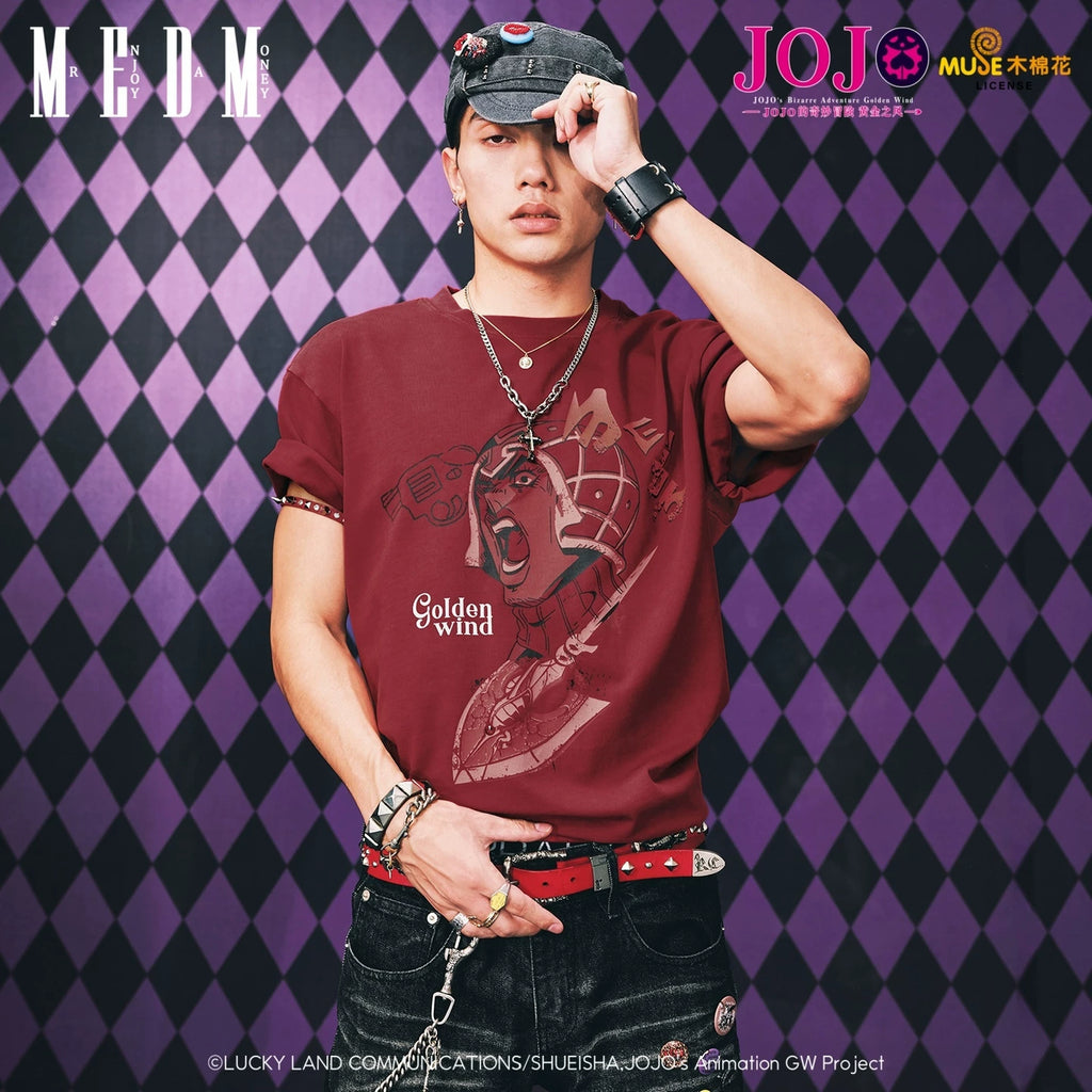 MEDMxJOJO's Bizarre Adventure Collaboration - Making Old Bug Arrow Casual Short Sleeve Washed Retro Round Neck T-shirt for Men