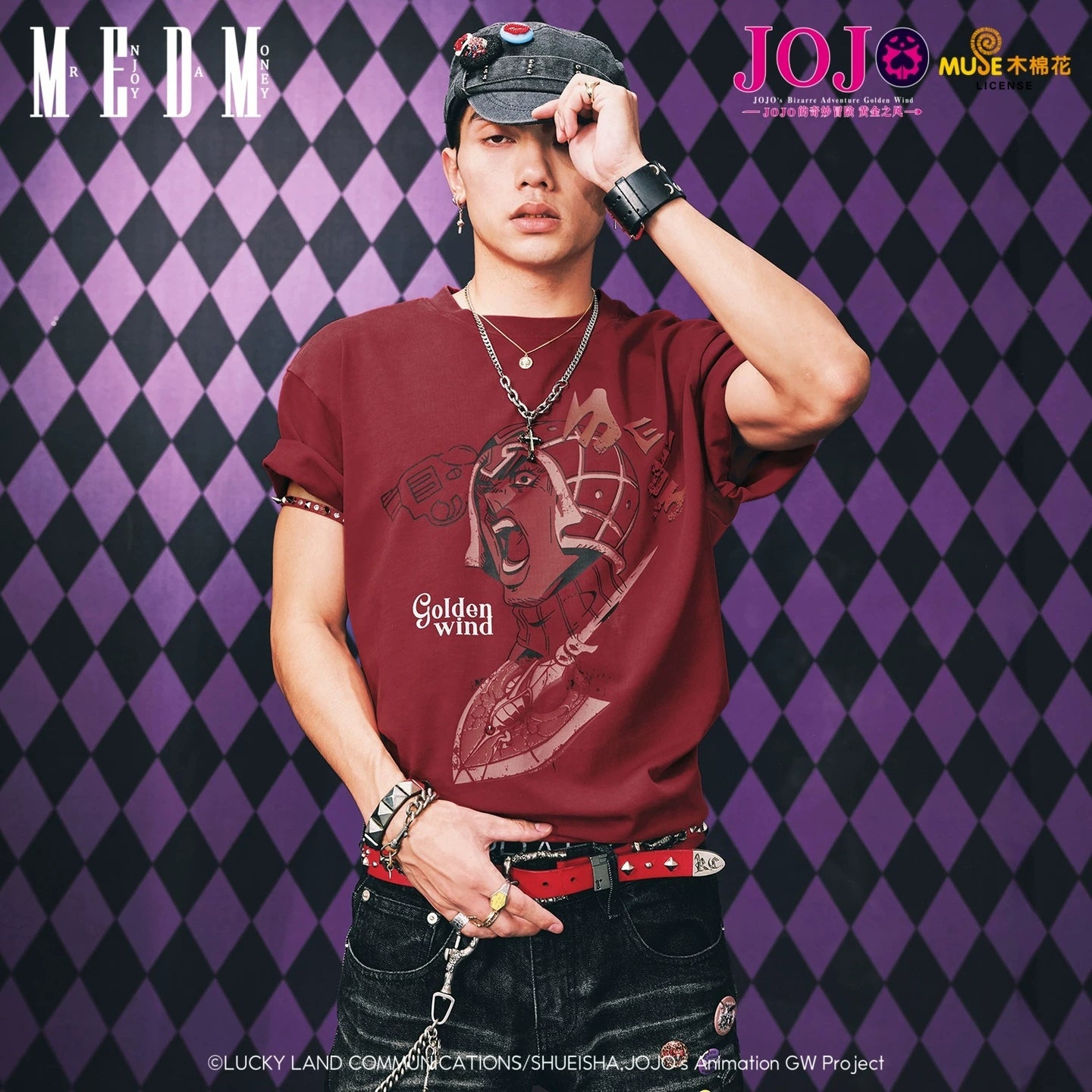 MEDMxJOJO's Bizarre Adventure Collaboration - Making Old Bug Arrow Casual Short Sleeve Washed Retro Round Neck T-shirt for Men