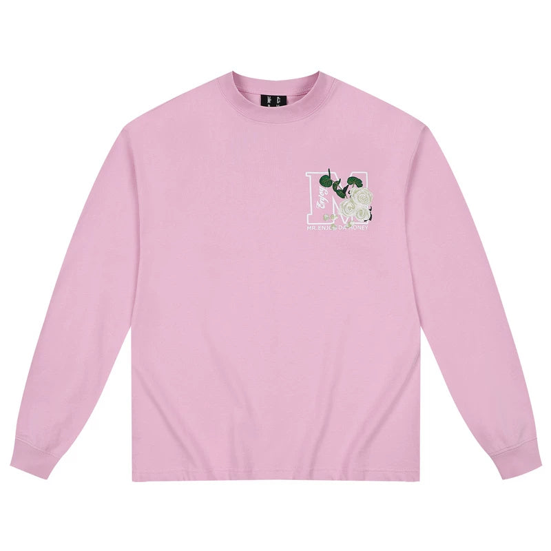 MEDM Multi Color Large M Natural Plant Flower Round Neck Long Sleeve T-shirt 2025 New Versatile Casual Couple Base Shirt