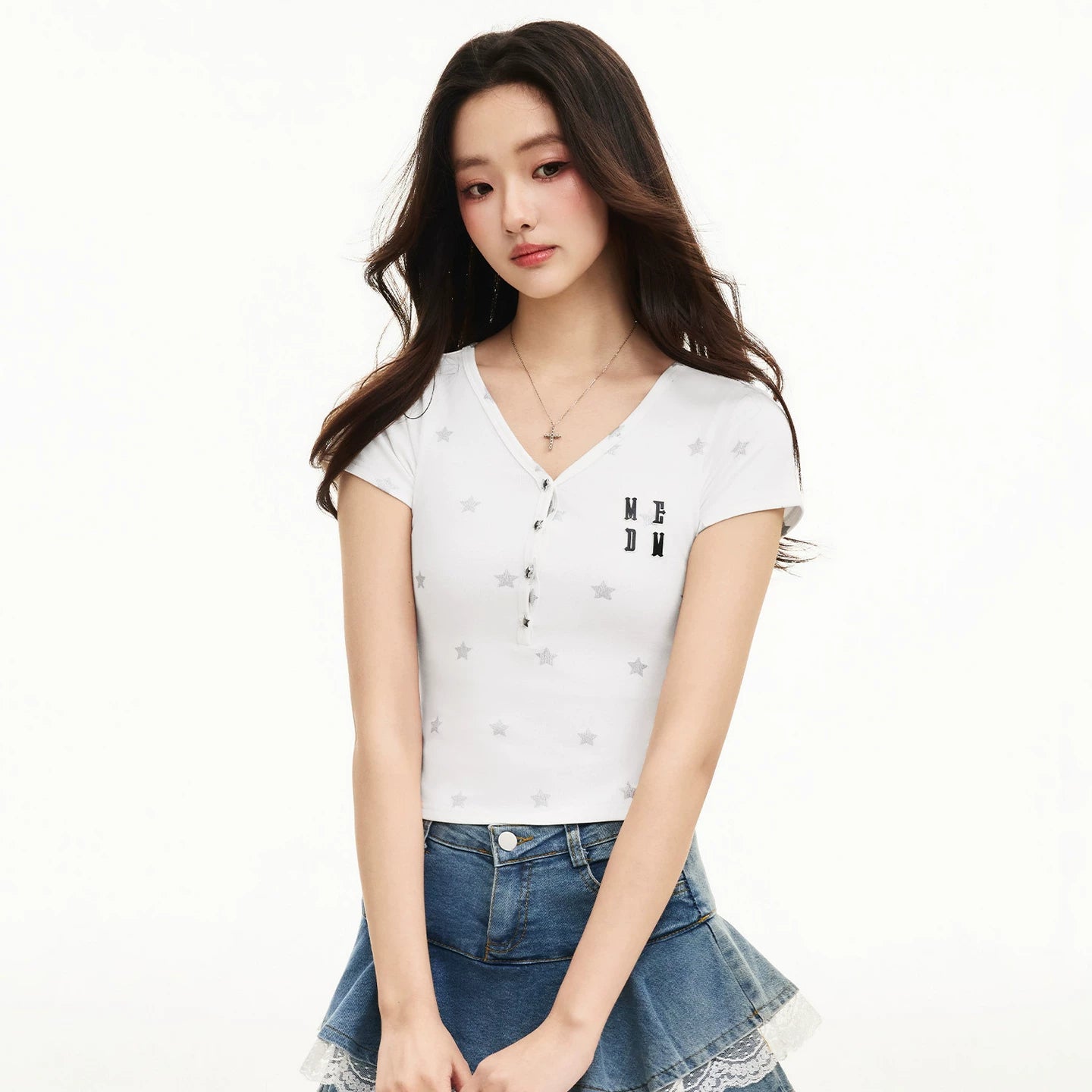 MEDM Star Flash V-neck Henley collar full printed star casual short sleeved letter 3D printed slimming short T-shirt