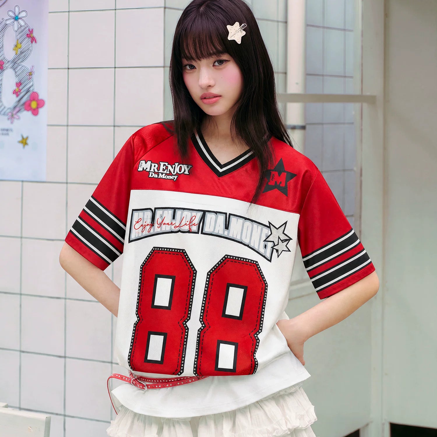 MEDM Couple T-shirt New Retro Splicing Color Contrasting V-neck Short Sleeve Top Versatile World Cup Jersey Long