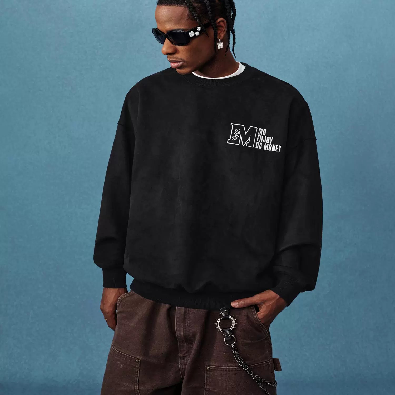 MEDM25SS embroidered suede hoodie men's spring and autumn trendy brand American casual simple round neck pullover top