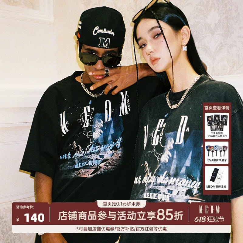 MEDM China-Chic Short Sleeve T-shirt High Street Hip Hop Loose T-shirt Cotton Breathable Couple Top