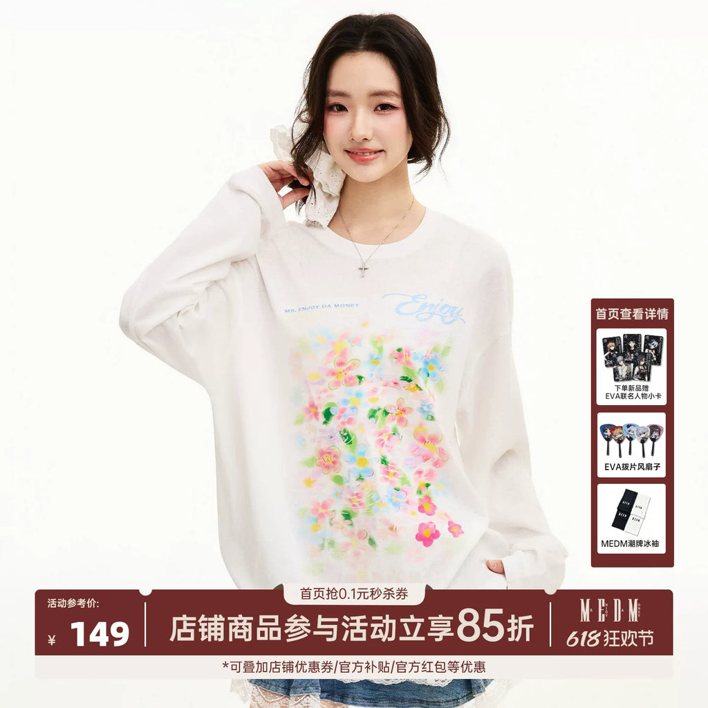MEDM Spring Flower Shadow Printed Casual Round Neck Hoodie Long Sleeve T-shirt 26 New Breathable and Versatile Loose Top for Women