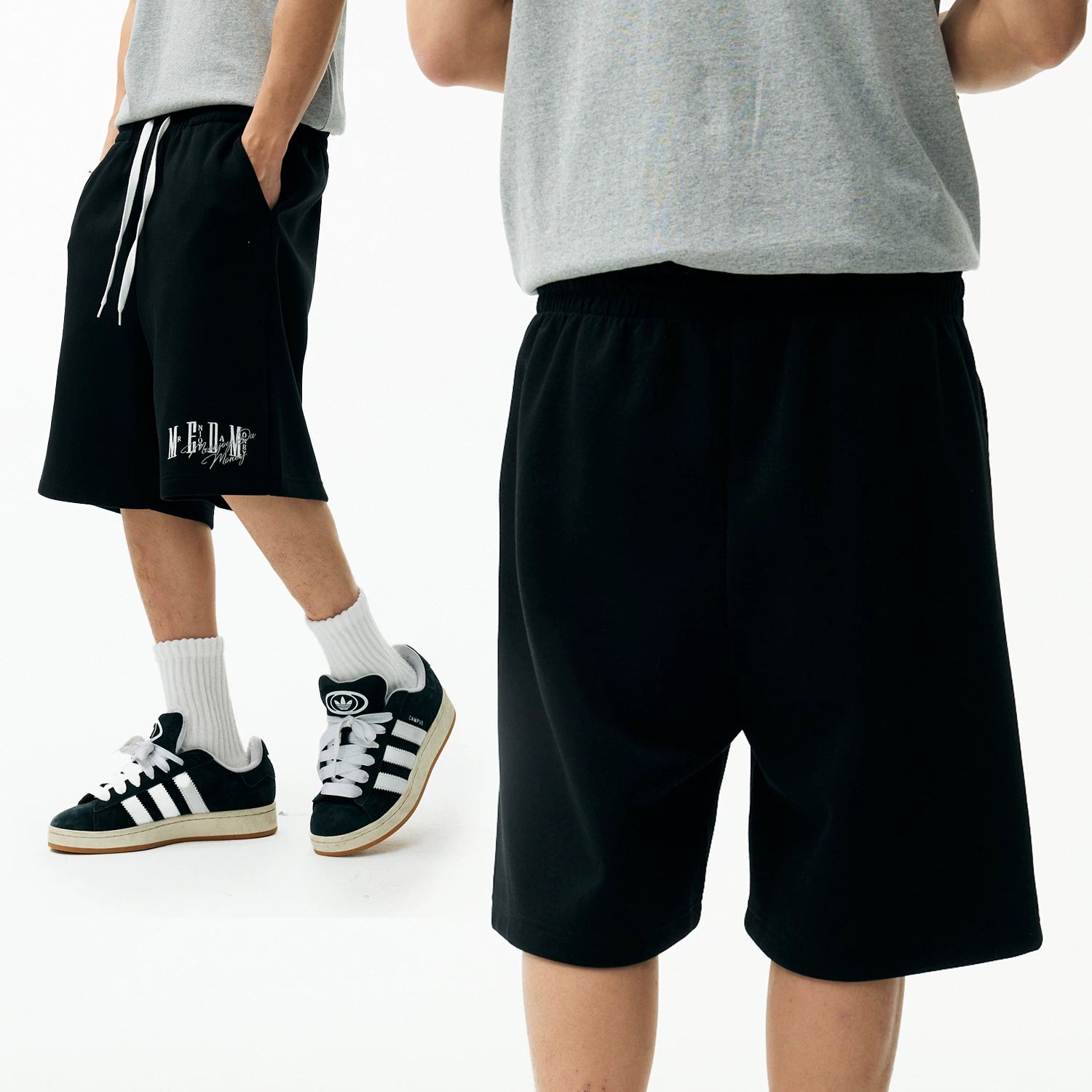 MEDM Color Basic Versatile Logo Embroidered Loose Shorts Trendy Men's and Women's Simple Drawstring Casual Pants Summer