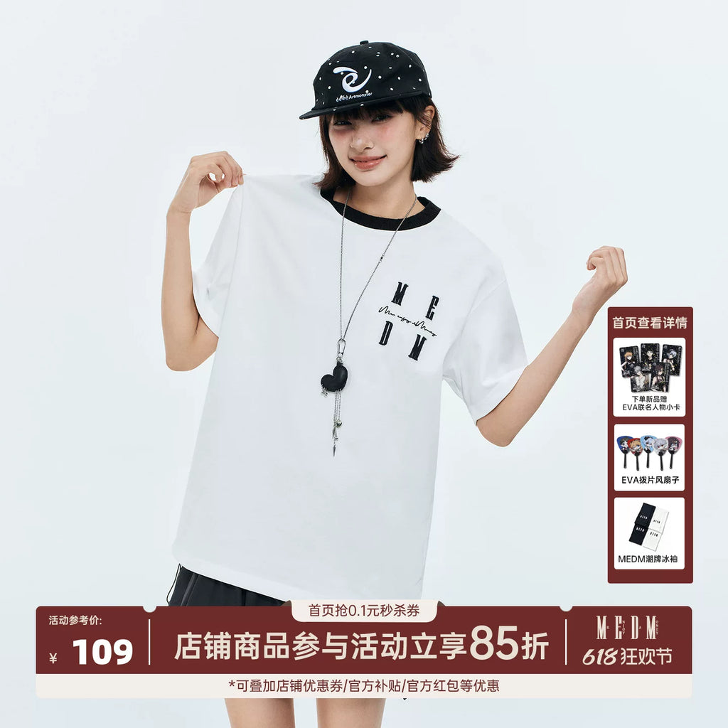 MEDM new color blocking knitted round neckline casual T-shirt trend versatile letter embroidery loose couple short sleeved summer