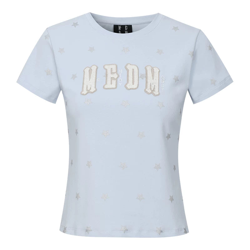 MEDM Little Fragrant Style Double layered Leather Shining Powder Full Star Printed Round Neck Short Sleeve American Retro Spicy Girl Style T-shirt Summer