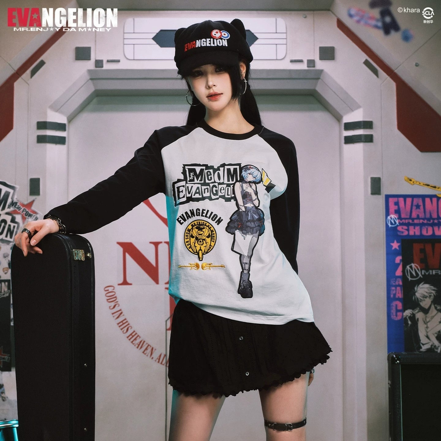 MEDMxEVA NEVER END series character layout with shoulder sleeves, round neck, long sleeved T-shirt, casual patchwork top