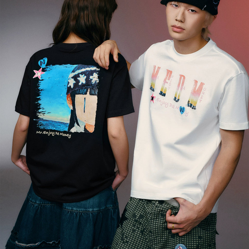MEDMxNEWMASUS collaboration landscape selfie photo print casual couple short sleeved loose round neck T-shirt trendy
