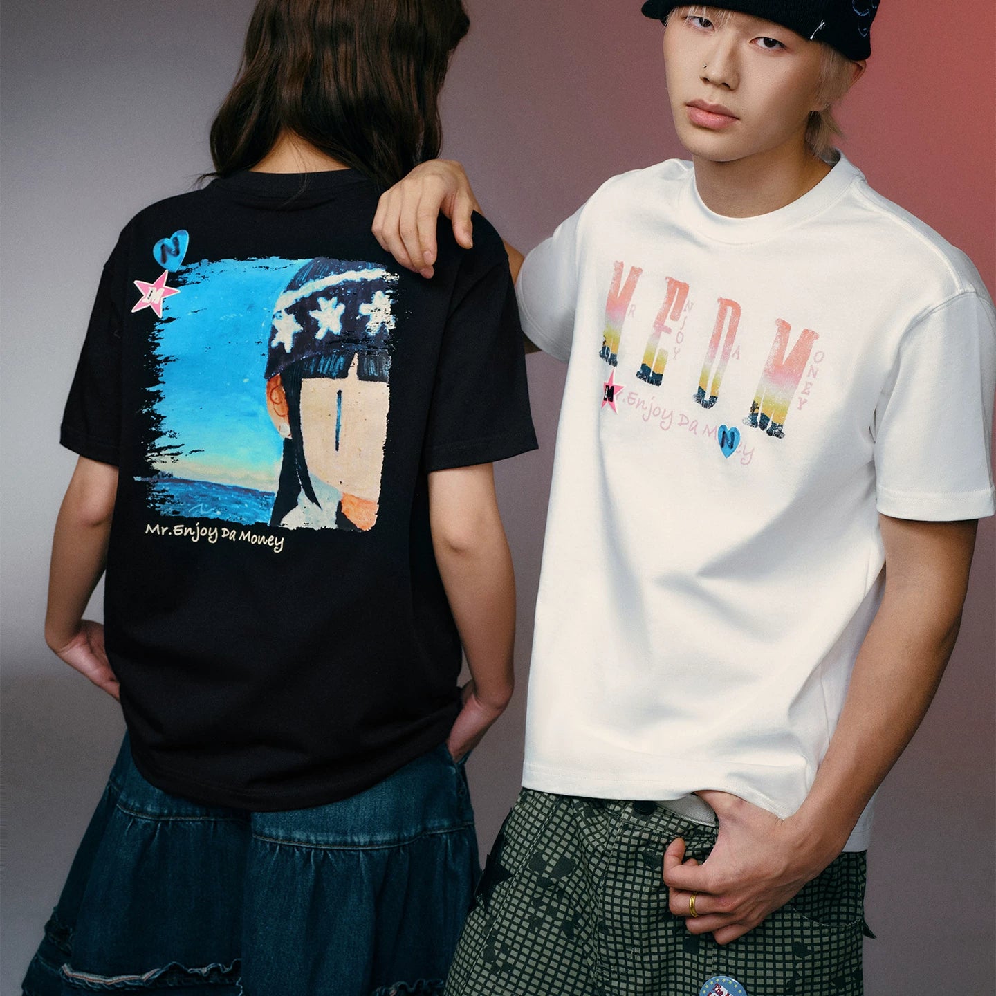 MEDMxNEWMASUS collaboration landscape selfie photo print casual couple short sleeved loose round neck T-shirt trendy