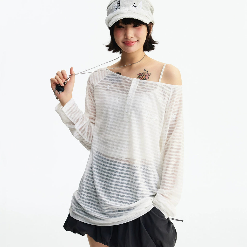 MEDM diagonal shoulder striped star casual lazy long sleeved T-shirt summer lightweight mesh breathable simple top for women