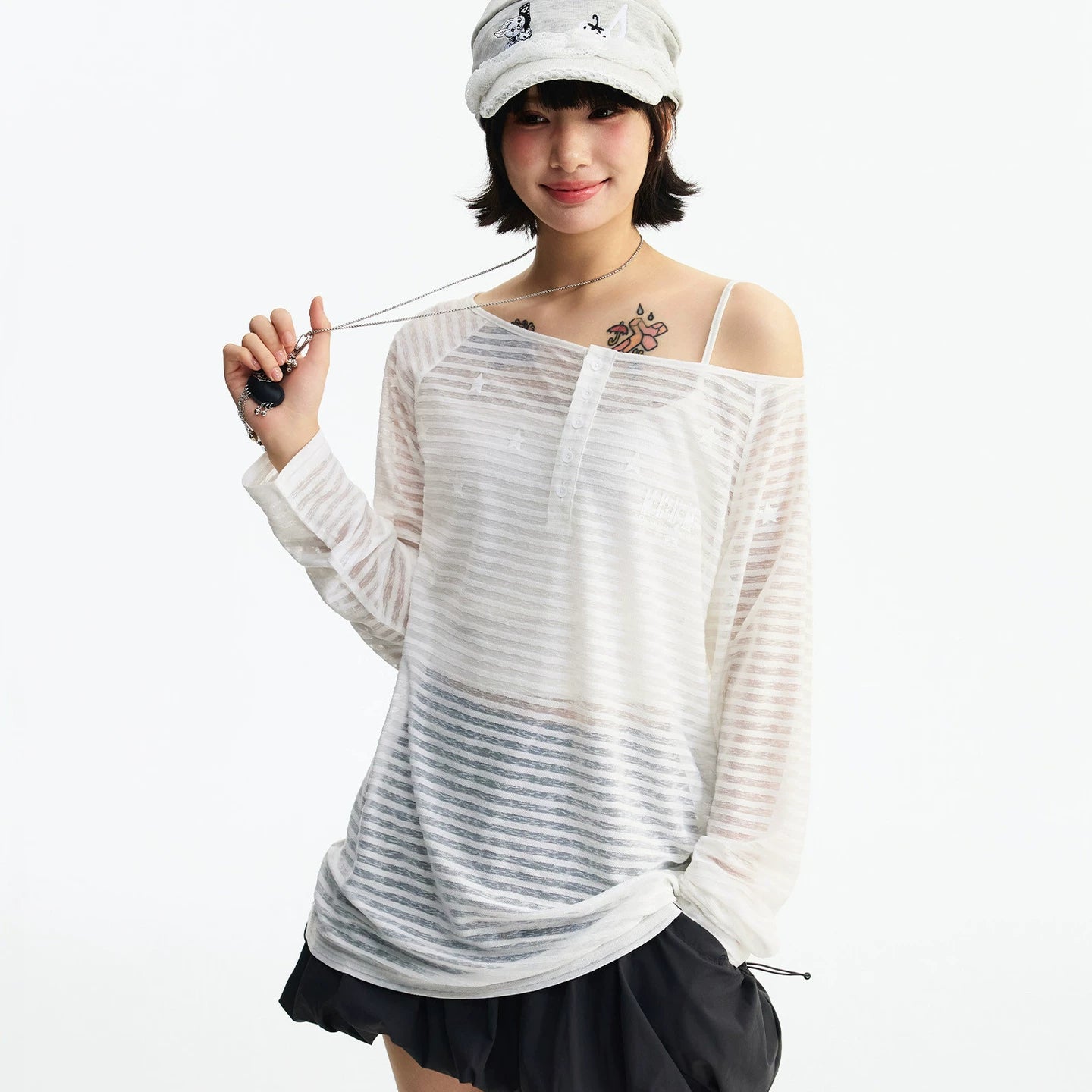 MEDM diagonal shoulder striped star casual lazy long sleeved T-shirt summer lightweight mesh breathable simple top for women