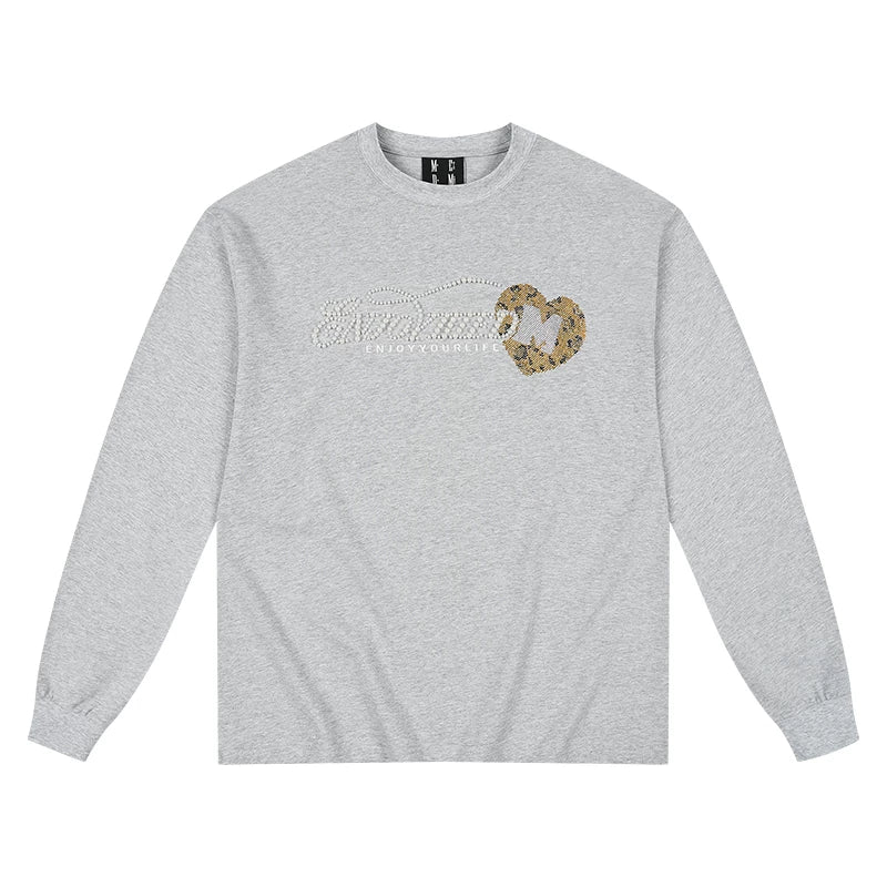 MEDM leopard print rhinestone pure cotton round neck casual long sleeved T-shirt autumn loose and simple solid color couple base shirt top