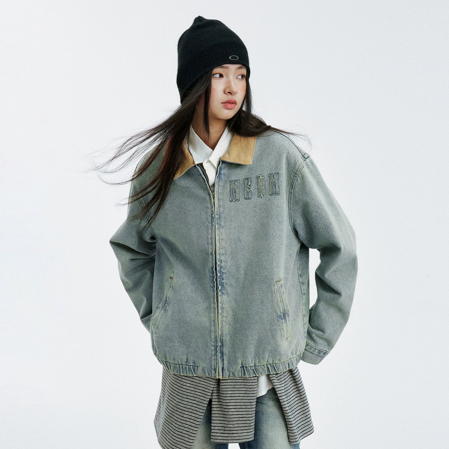 MEDM minimalist denim patchwork corduroy casual jacket for autumn and winter, washed and worn blue men's and women's collar jacket