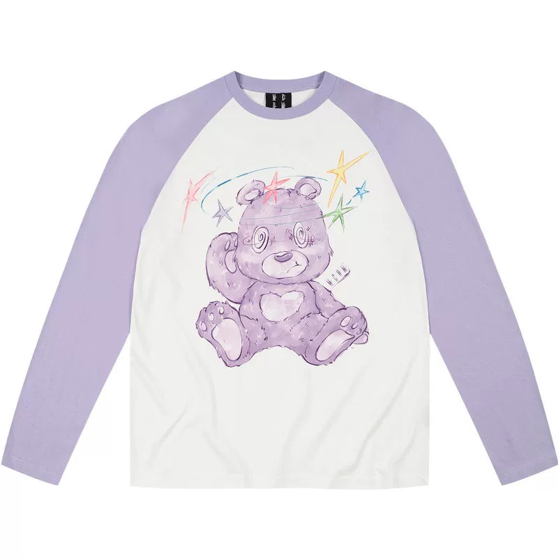 MEDM Dazzling Bear Series Printed Thin Fabric Shoulder Insertion Long Sleeve T-shirt Spring and Autumn Trendy Brand Round Neck Couple's Top
