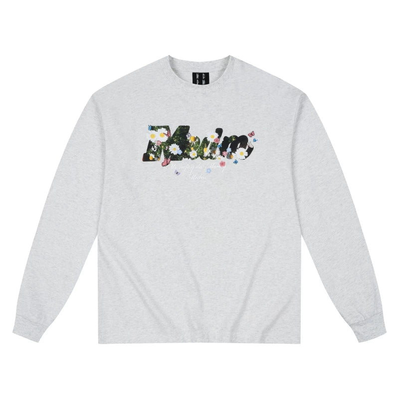 MEDM flower bed daisy butterfly print casual round neck long sleeved T-shirt trendy loose couple base shirt top autumn