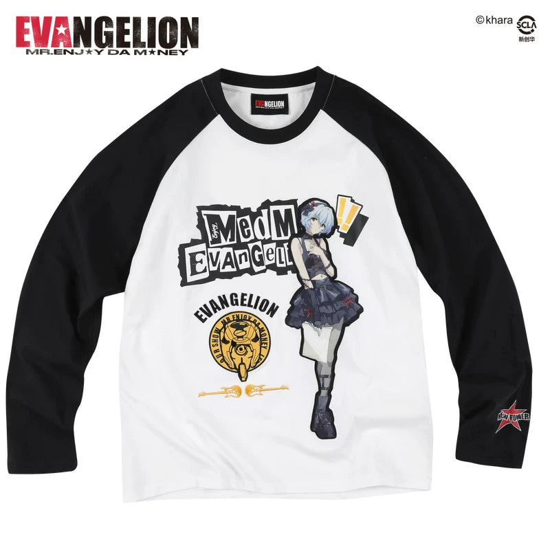 MEDMxEVA NEVER END series character layout with shoulder sleeves, round neck, long sleeved T-shirt, casual patchwork top