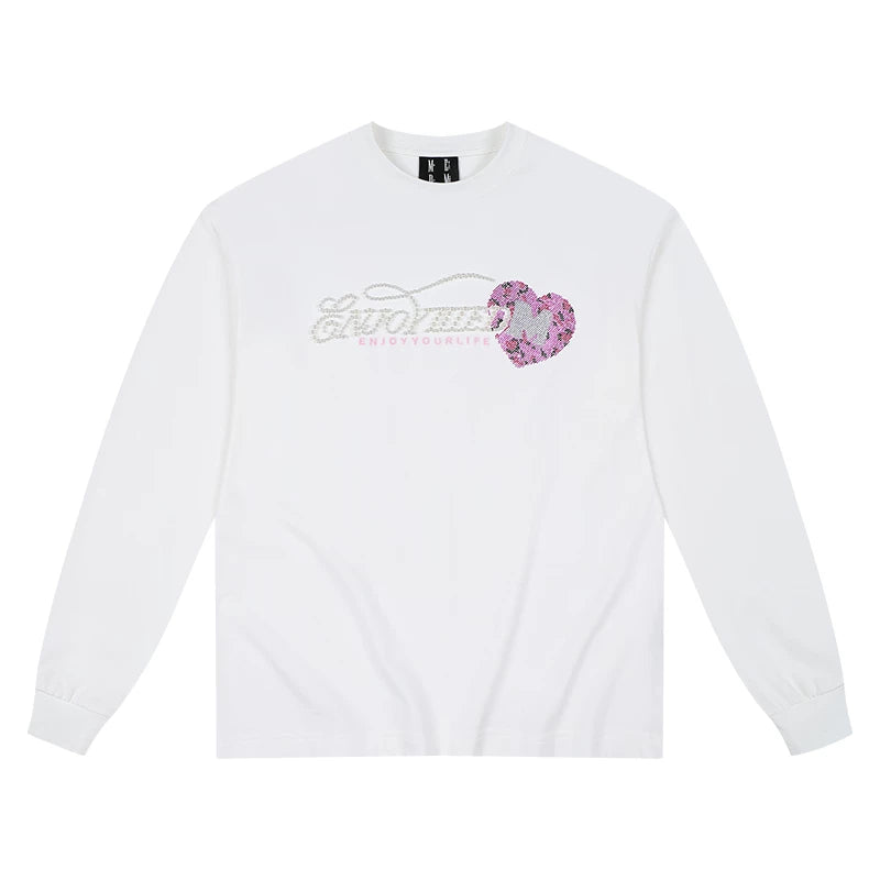 MEDM leopard print rhinestone pure cotton round neck casual long sleeved T-shirt autumn loose and simple solid color couple base shirt top