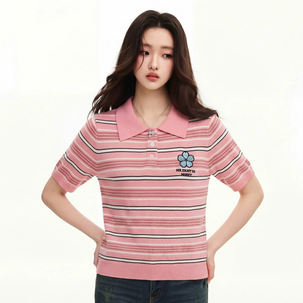MEDM fine striped floral embroidery women's casual lapel polo knit shirt slimming loose short sleeved top summer