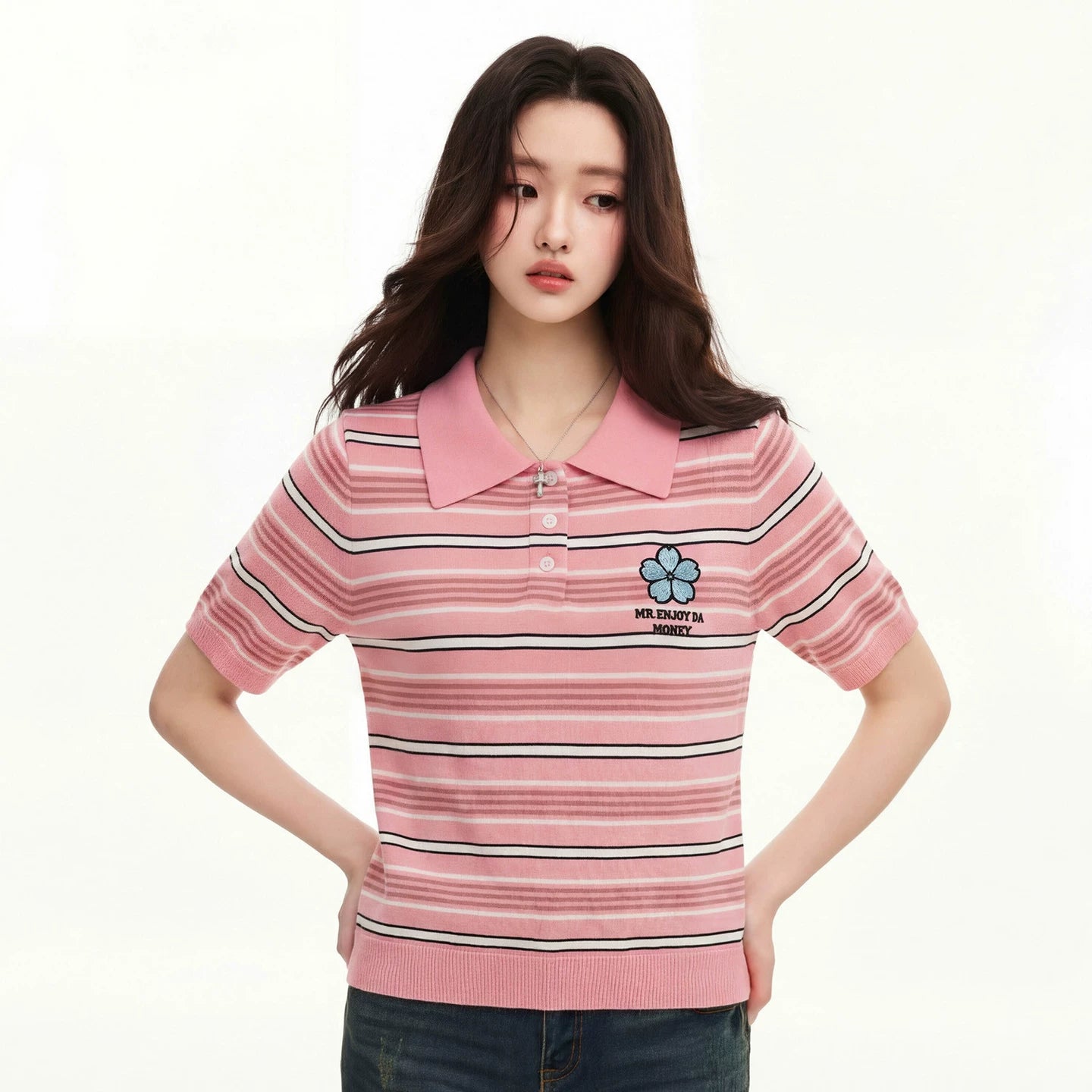 MEDM fine striped floral embroidery women's casual lapel polo knit shirt slimming loose short sleeved top summer