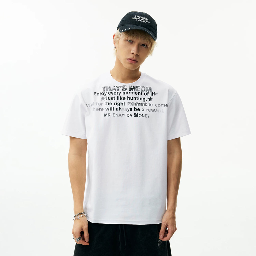 MEDM vintage font printed hem with torn casual short sleeves, American street retro versatile couple T-shirt for summer