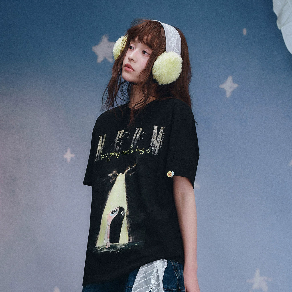 MEDM x Iria mailbox collaboration sky crack digital print glitter logo short sleeved casual T-shirt summer