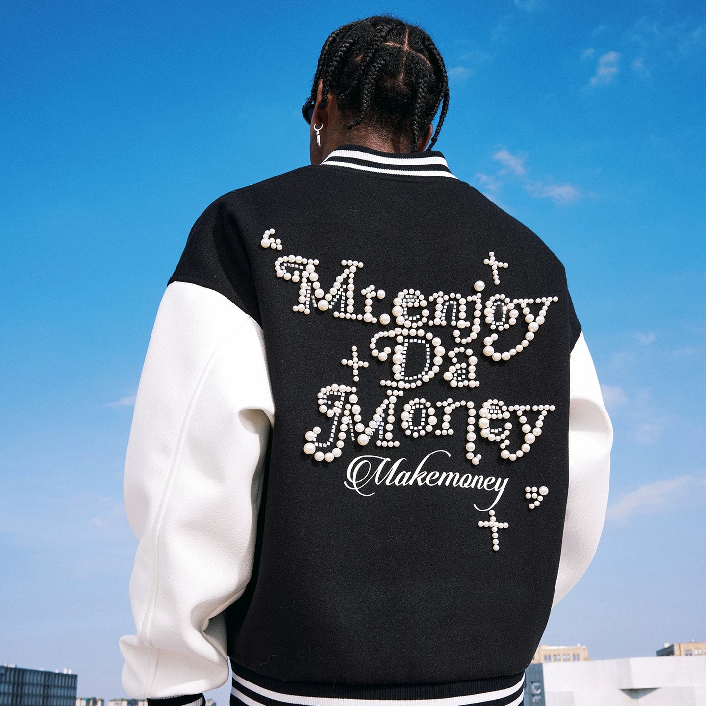 MEDM color blocking patchwork nail pearl casual stand up baseball jacket autumn American men's and women's loose long sleeved jacket jacket