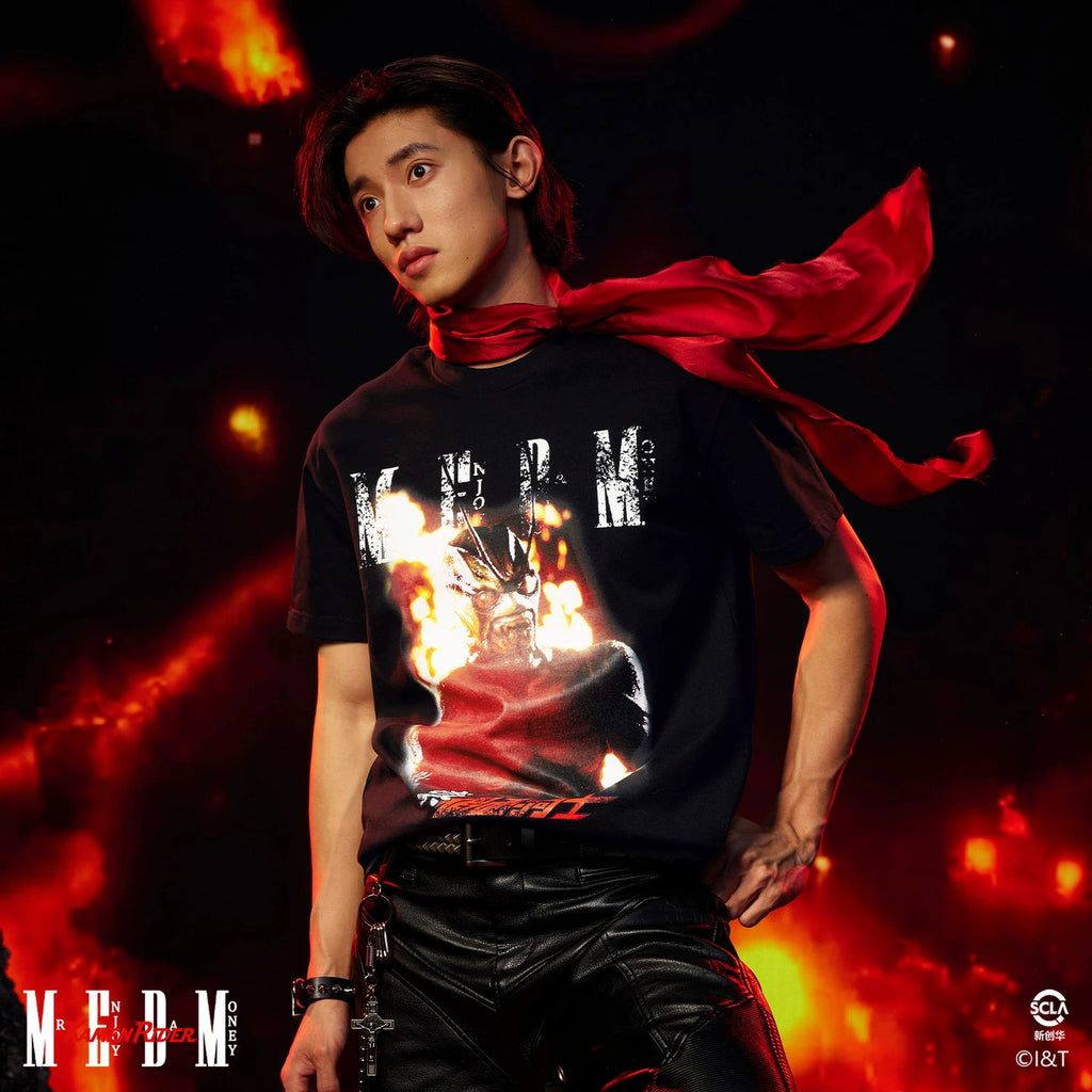 MEDMx Kamen Rider Collaboration - True Me Flame Printed Casual Round Neck Short Sleeve Men's Loose Cotton T-shirt Summer