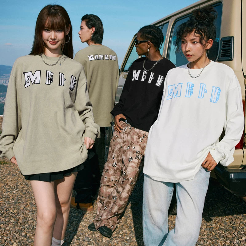 MEDM Waffle round neck sweatshirt for men in autumn, new American fashion brand retro loose fit, versatile for couples, casual long sleeved