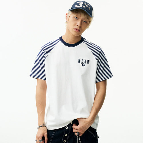 MEDM Basic Stripe Splicing Shoulder Sleeve Casual T-shirt Summer American Retro Logo Embroidered Loose Short Sleeve Men