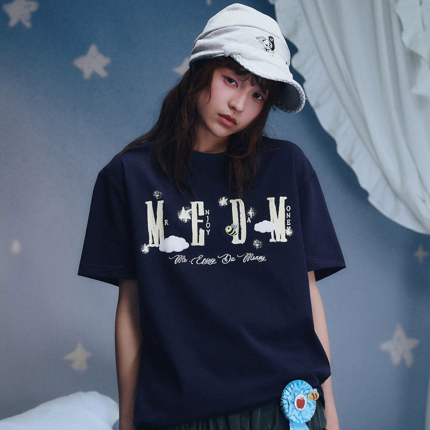MEDM x Iria mailbox collaboration cloud digital print glitter logo short sleeved casual round neck T-shirt for women summer