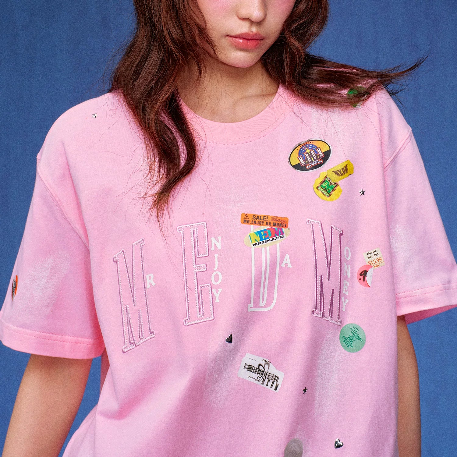 MEDM label stickers, pure cotton casual round neck T-shirt, trendy logo stickers, embroidered printed fabric, loose couple short sleeves, summer