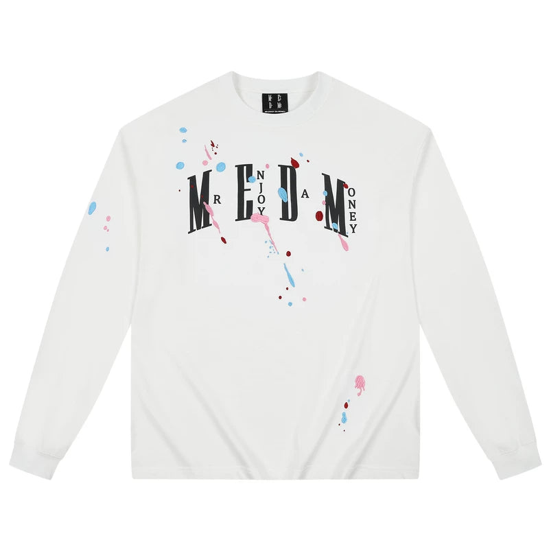 MEDM paint splatter embroidery print casual round neck long sleeved T-shirt American versatile breathable comfortable couple top