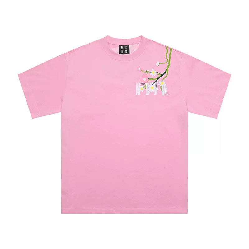 MEDM Wall Climbing Flower Daisy Embroidery Short Sleeve T-shirt for Men's Summer Trendy Brand American Hip Hop Loose Casual T-shirt