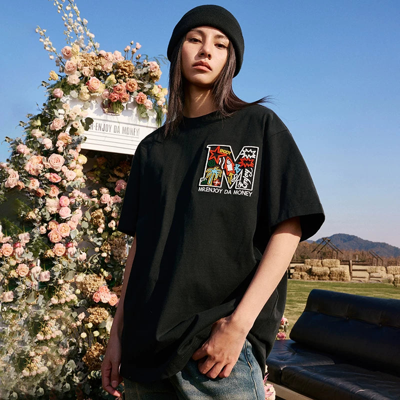 Zhang Xingte's MEDM Coconut Tree Star Toothbrush Embroidered with M Logo Summer Short sleeved T-shirt for Men and Women Loose Trendy Half Sleeve