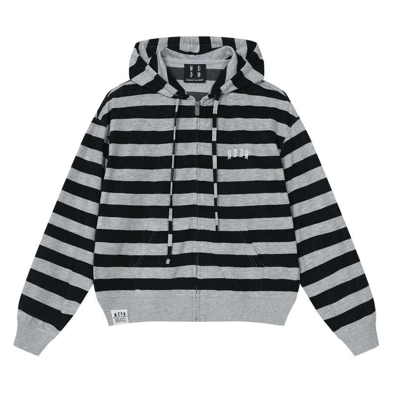MEDM Knitted Striped Hoodie Embroidered Logo Casual Hoodie Trendy Loose Drawstring Hoodie Coat for Women