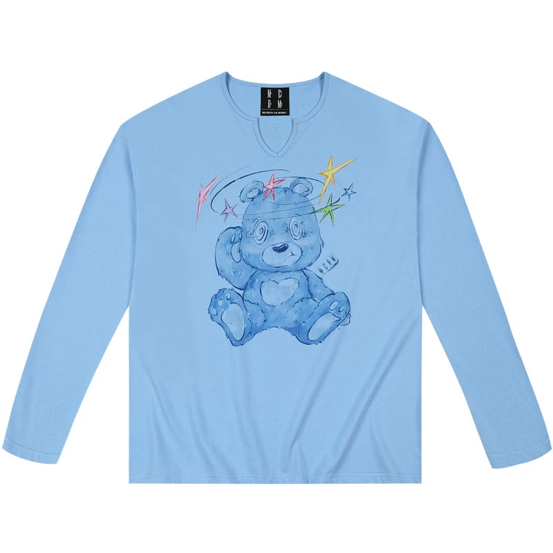 MEDM Dazzling Bear Printed V-neck Casual Long sleeved T-shirt Trendy Commuting Breathable Loose Couple Top Spring and Autumn