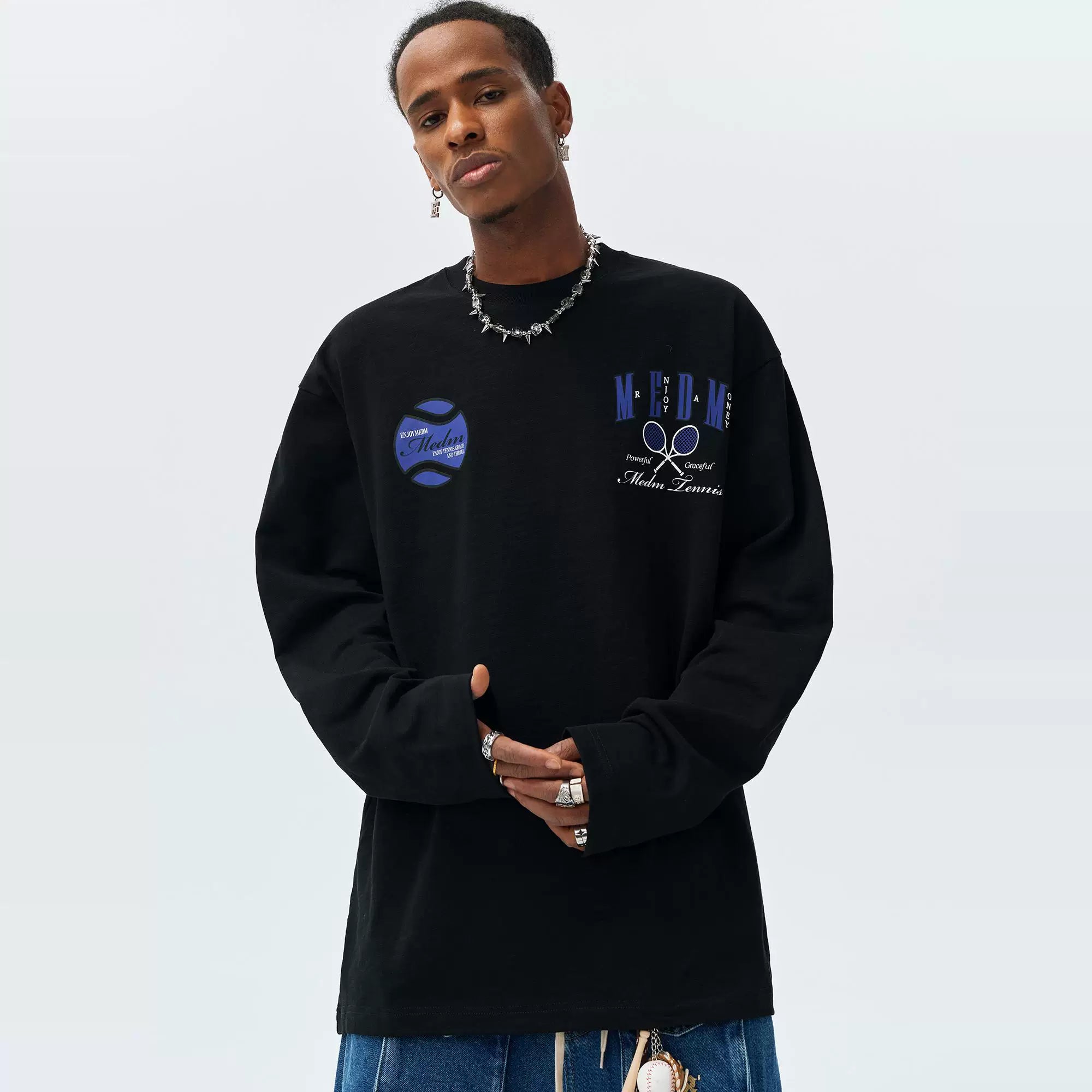 MEDM25SS Tennis Series Bamboo Cotton Long Sleeve T-shirt for Men and Women, American Hip Hop Casual T-shirt for Spring and Autumn