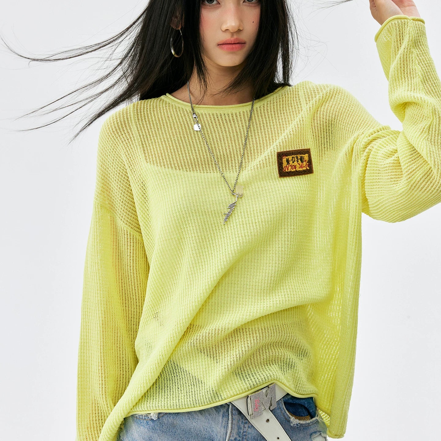 MEDM solid color towel embroidered logo pullover casual round neck mesh shirt 2025 new long sleeved loose knit shirt top for autumn