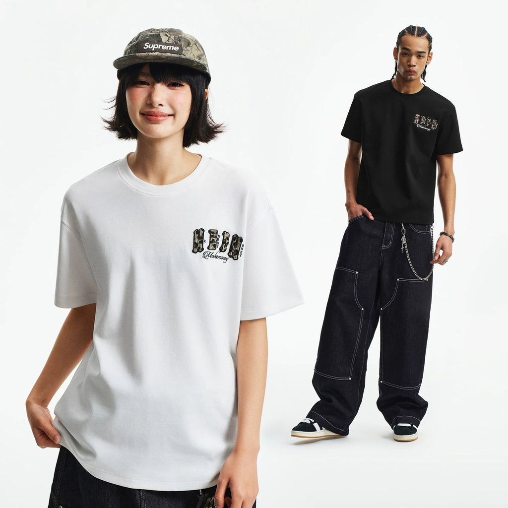 MEDM jelly air cotton double-layer leather small four character casual round neck short sleeved street versatile loose couple T-shirt summer