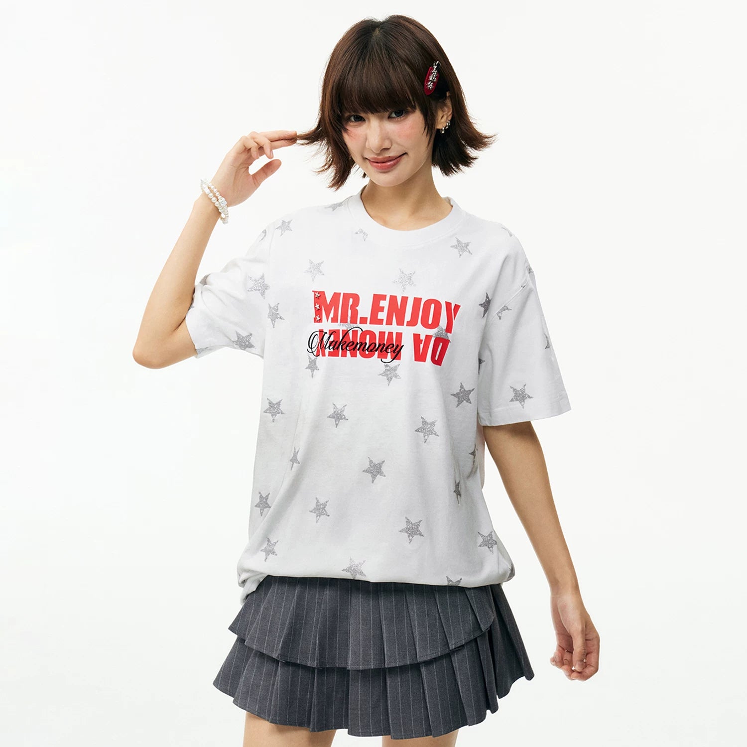 MEDM contrasting logo printed with stars, washed and worn, casual round neck T-shirt, American retro loose short sleeved for men and women